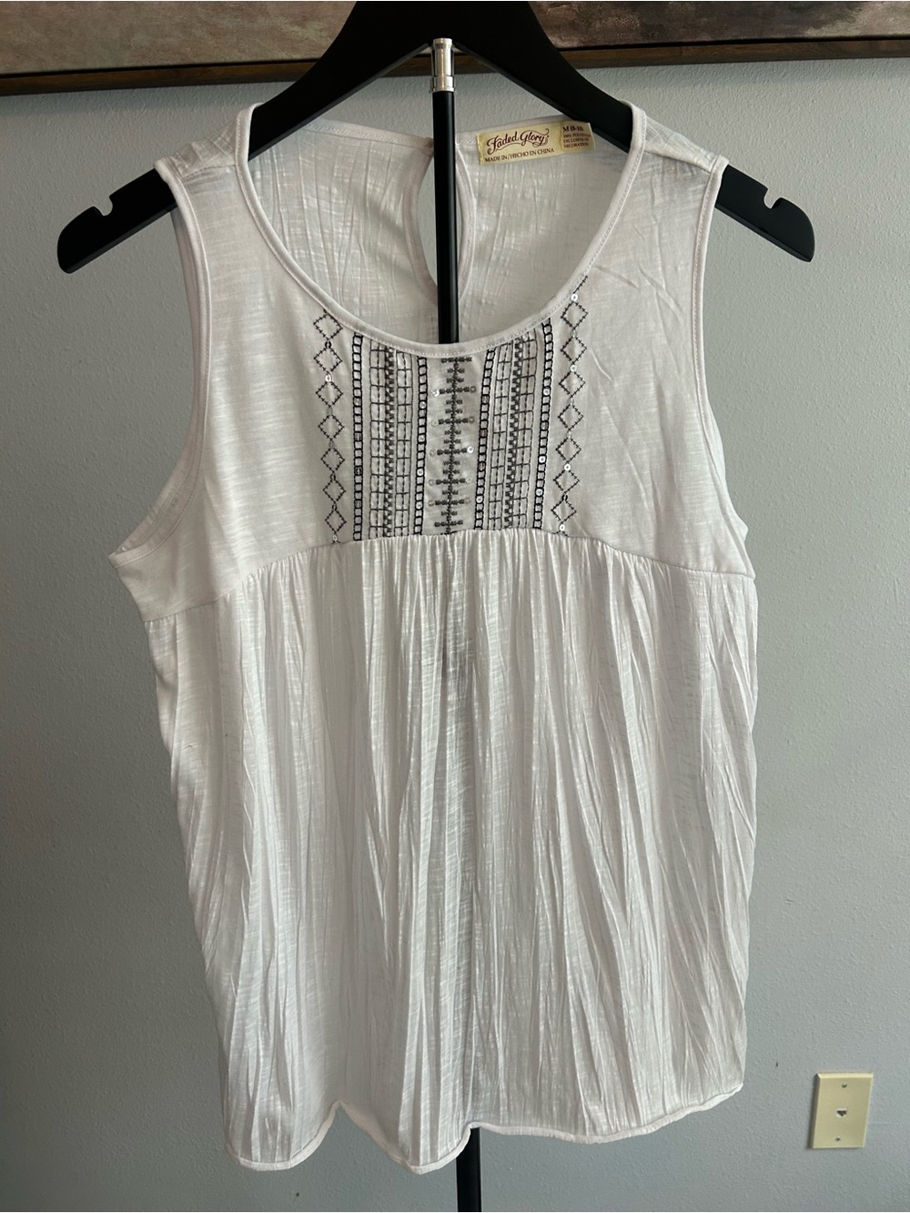 Faded Glory White Tank with Black Embroidered Front Panel